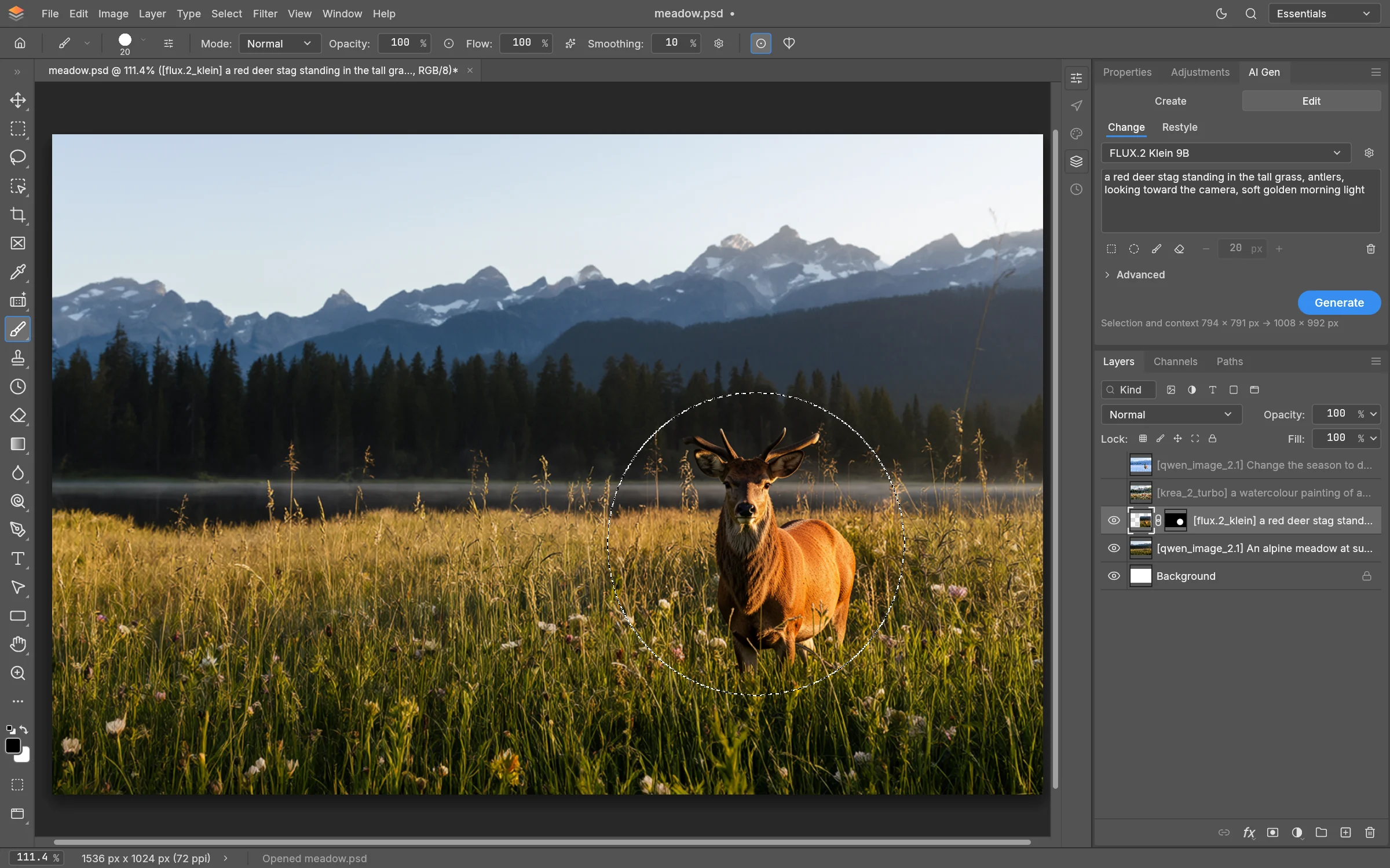 LayerShop with a landscape open. The AI Gen panel on the right holds the prompt for a stag that was painted into a selection; the Layers panel lists each generated layer with its model and prompt.