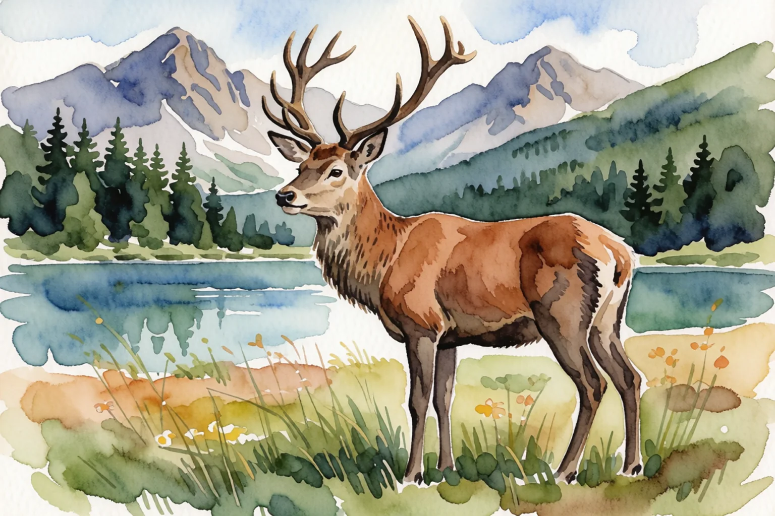 The same restyle at 75% strength: the stag is larger, turned sideways and the scene is rearranged