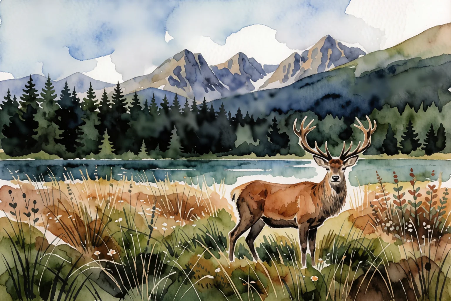 After: the same scene as a watercolour painting, with the stag, lake, forest and mountains in the same places