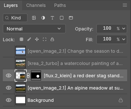The Layers panel listing four generated layers, each named after its model and prompt; the stag layer has a mask