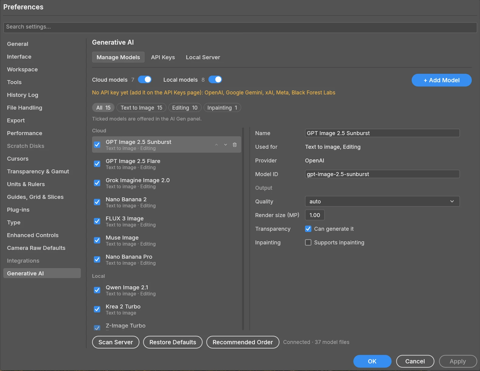 The Manage Models page of Preferences: a list of cloud and local models with the selected model's settings beside it, and Scan Server, Restore Defaults and Recommended Order buttons below
